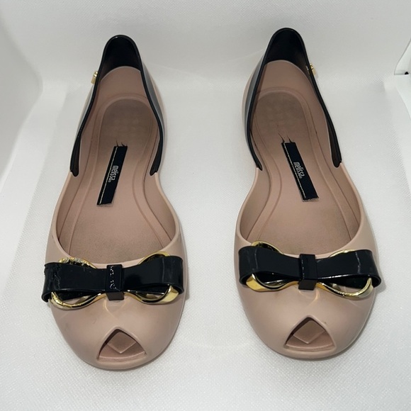 Melissa Queen IV blush black peep toe front bow ballerina flats Sz 6 - Picture 1 of 13